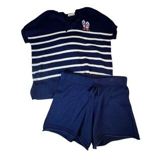 Life is Good Knit Top and Shorts Set Striped Blue White Size M Short Sleeve Hood
